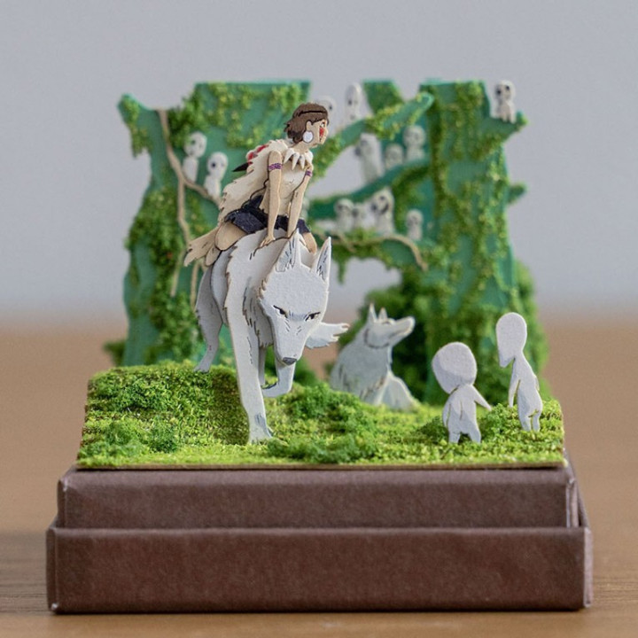 Diorama papier San, Moro et Kodama -Princesse Mononoké