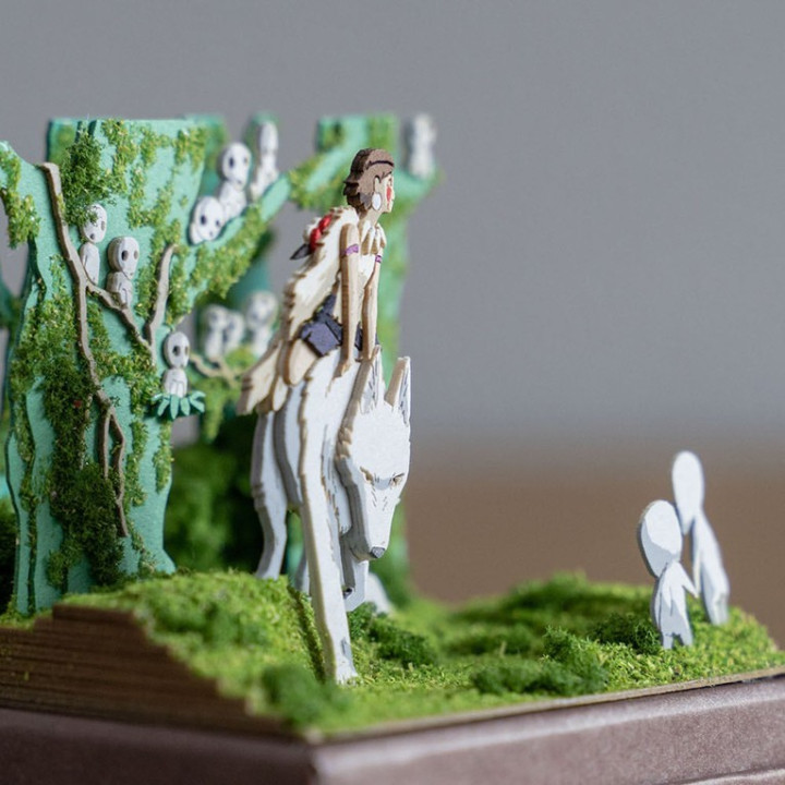 Diorama papier San, Moro et Kodama -Princesse Mononoké