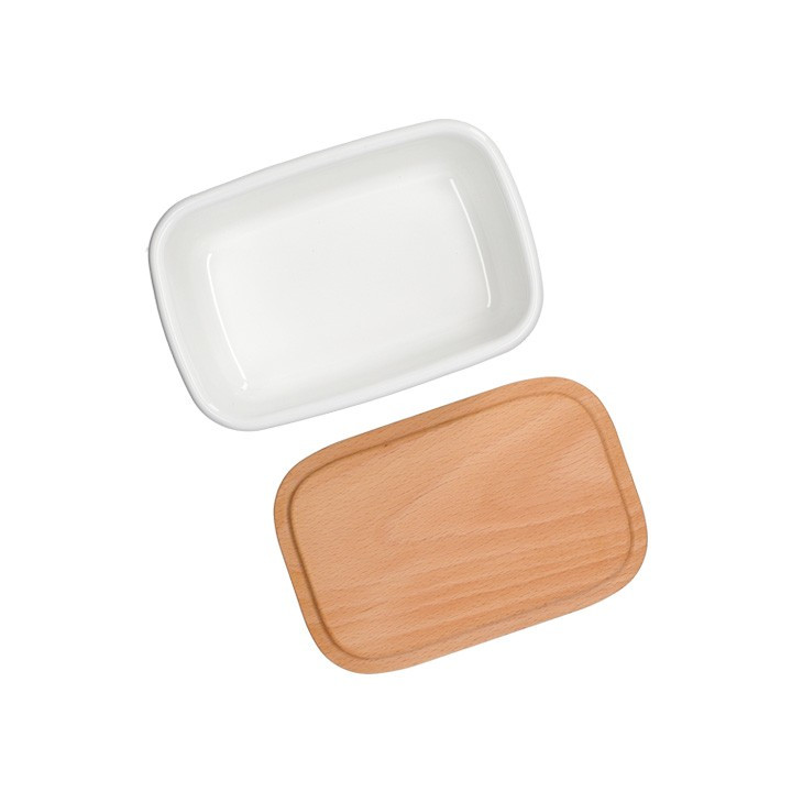 Beurrier émail avec couvercle bois Viennoiseries 500ml - Kiki La Peti